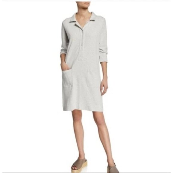 Joan Vass Gray 3/4 Sleeve Cotton Pullover Shirt Dress W/ Pockets MP 9028 EUC - Picture 1 of 7